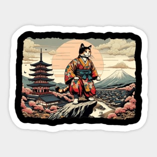 Vintage Japanese Art Sunset Mt. Fuji Rock Climbing Floral Cat Sticker